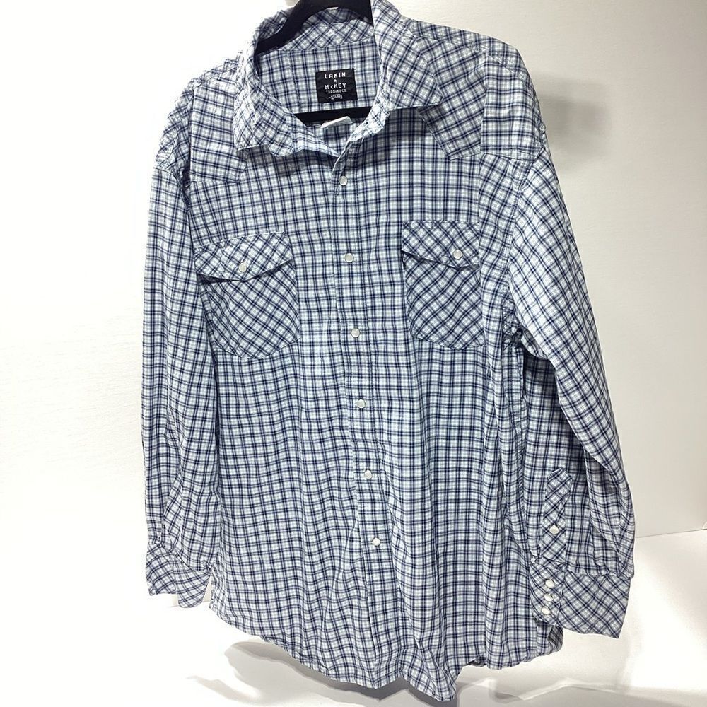 Lakin McKey Trading Co By Key Long Sleeve Blue Plaid Pearl Snap Shirt 2XLR